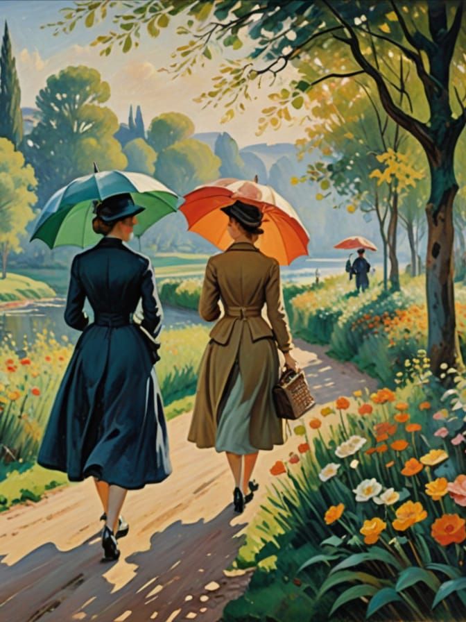 Country Stroll with Ladies, 1875-Inspired Oil Painting in Ru...