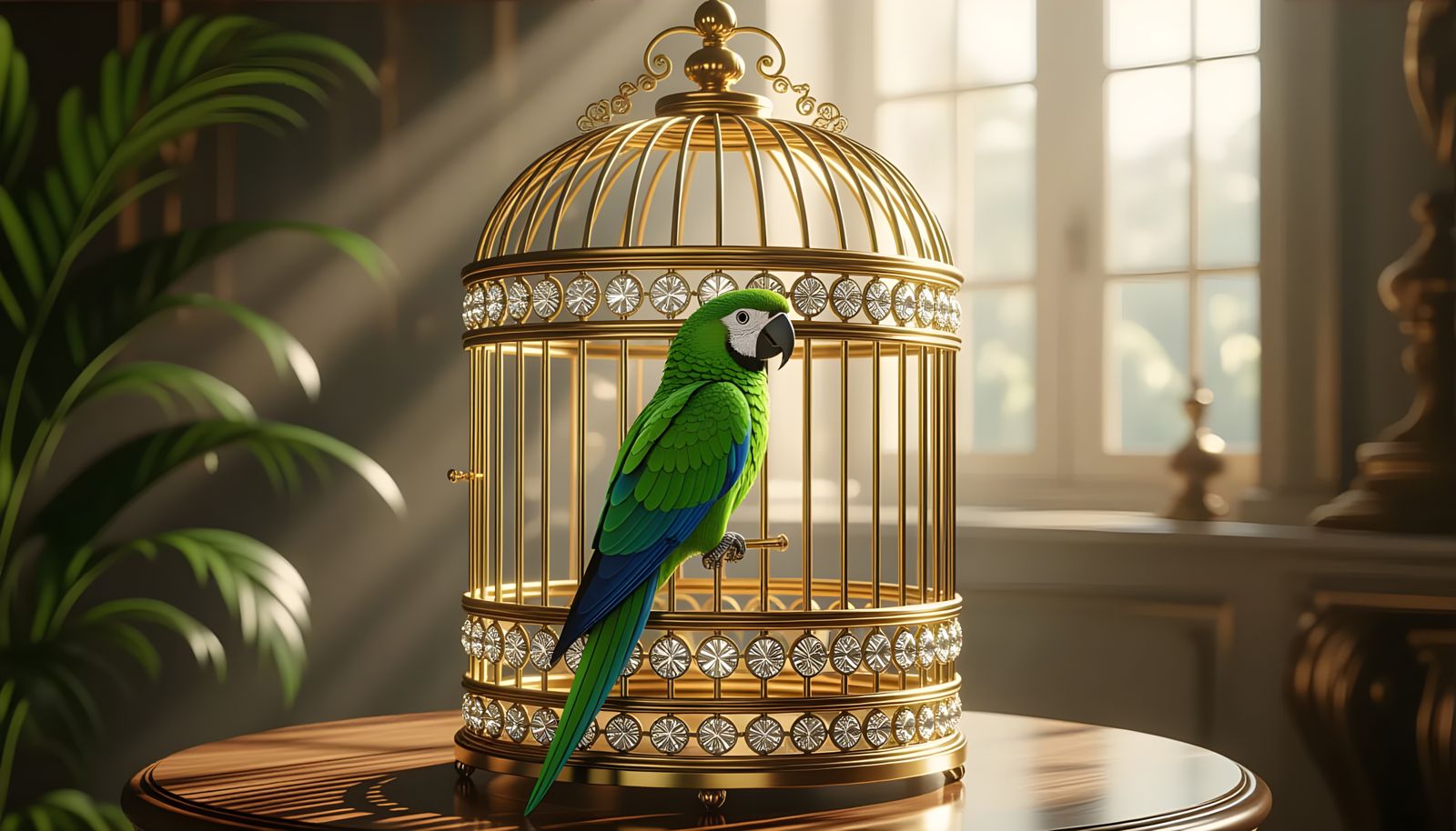 Elaborate Gold & Silver Birdcage with Green Parrot