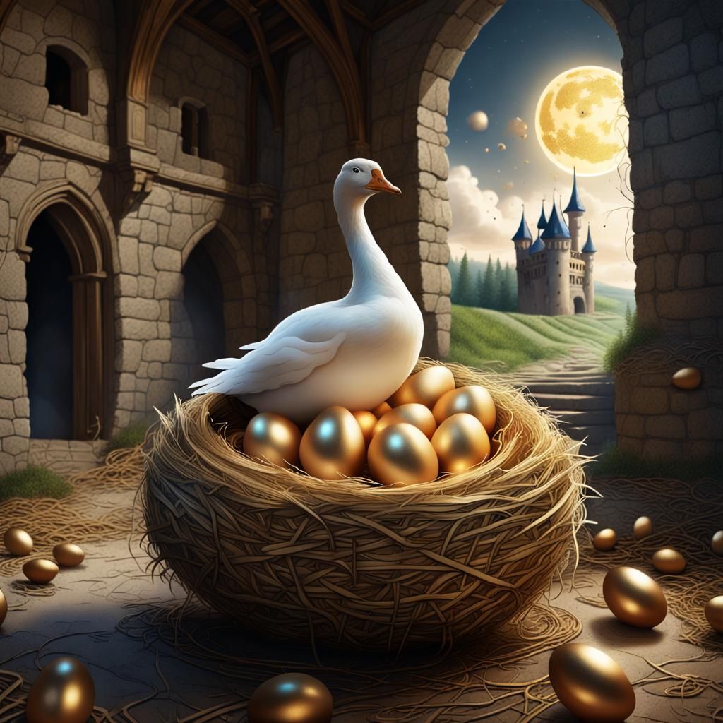 Fantasy Goose and Golden Eggs in Castle Interior