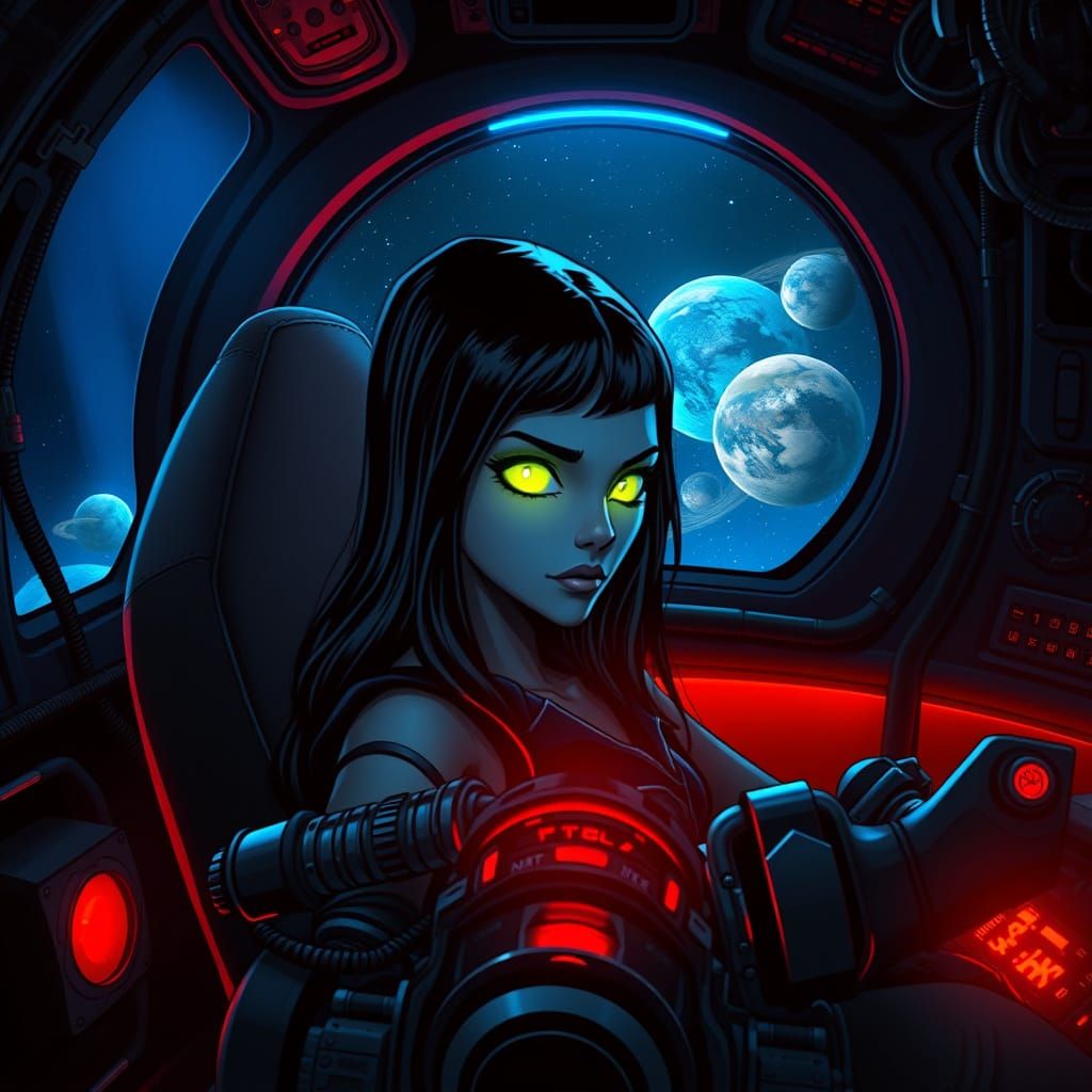 Cyberpunk Witch Girl Floats in Dark Spaceship Cockpit