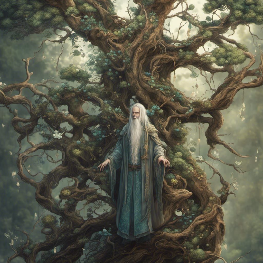 Wizard in Asymmetrical Ikebana Treehouse with Fractal Flower...