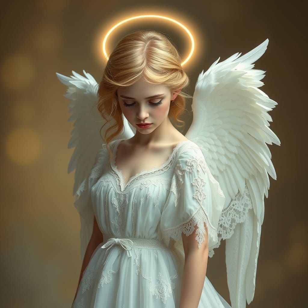 Angel in Ethereal Gown, Gazing Downward with Sorrow