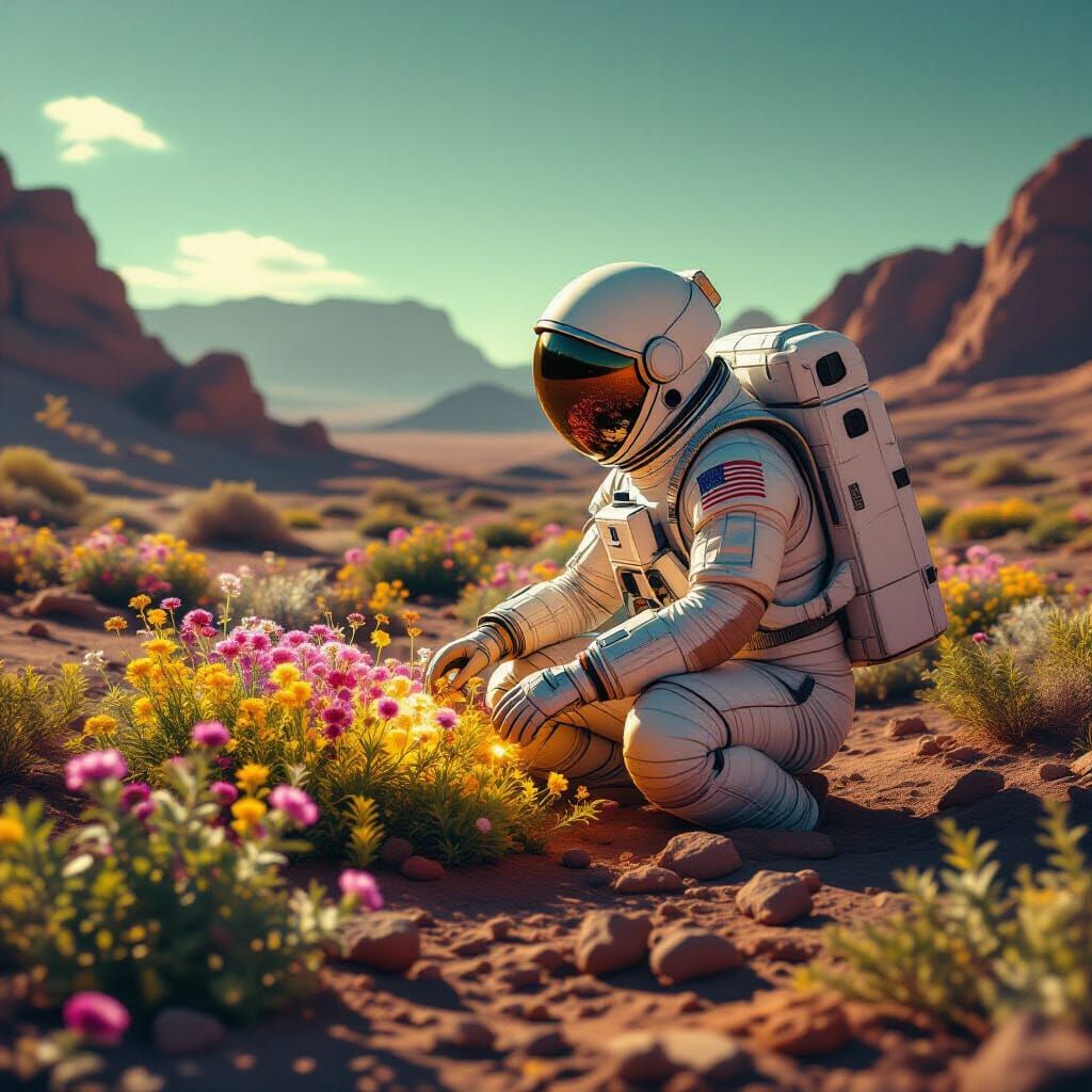 Astronaut Tends Alien Garden on Mars in Vintage Style