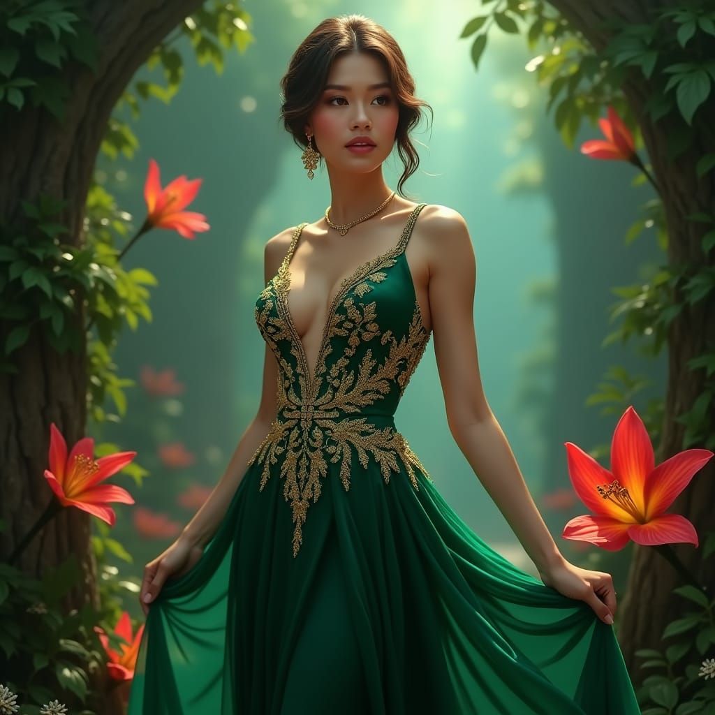 Emerald Evening Gown in Dreamlike Setting
