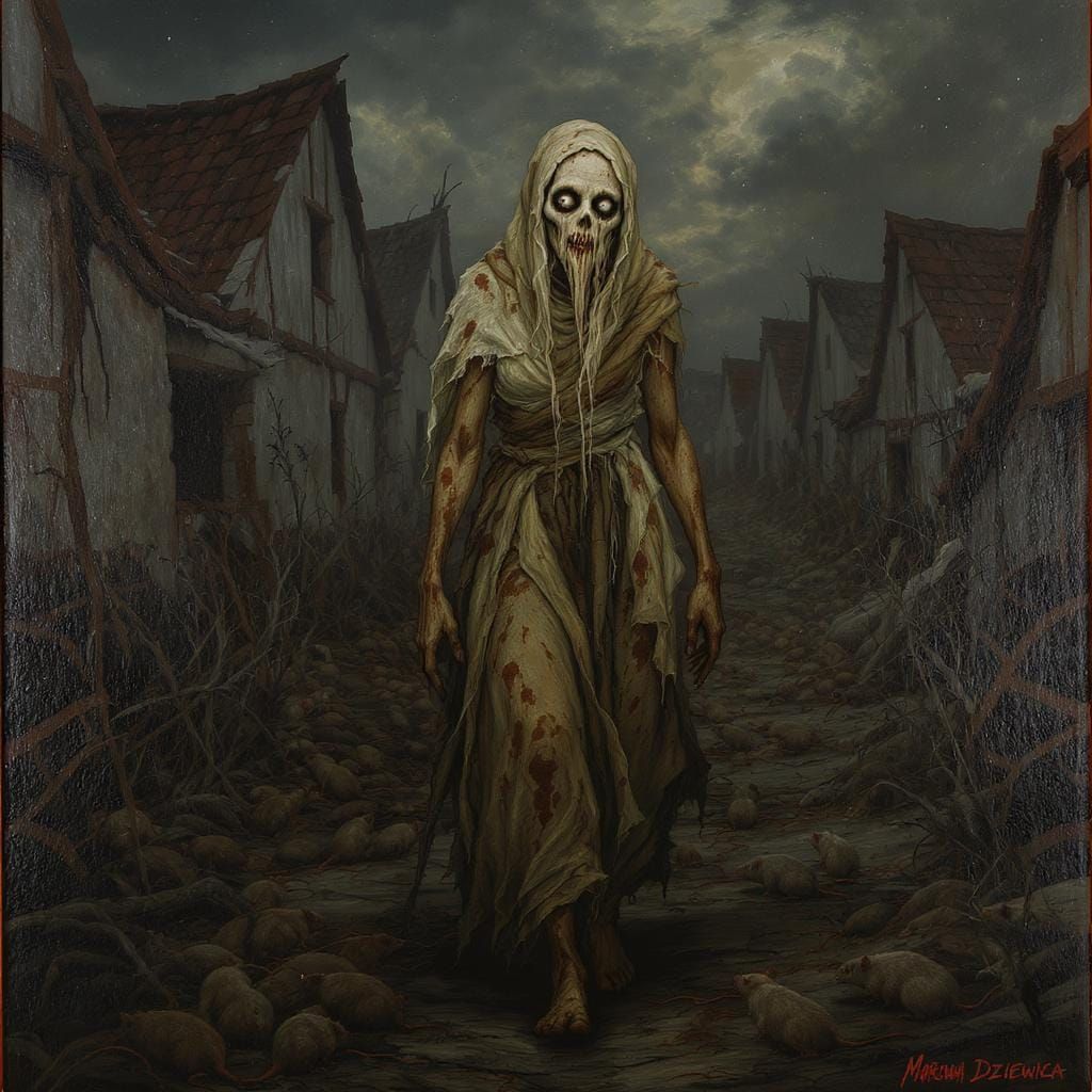 Haunting Plague Maiden in Dark Surrealism Style
