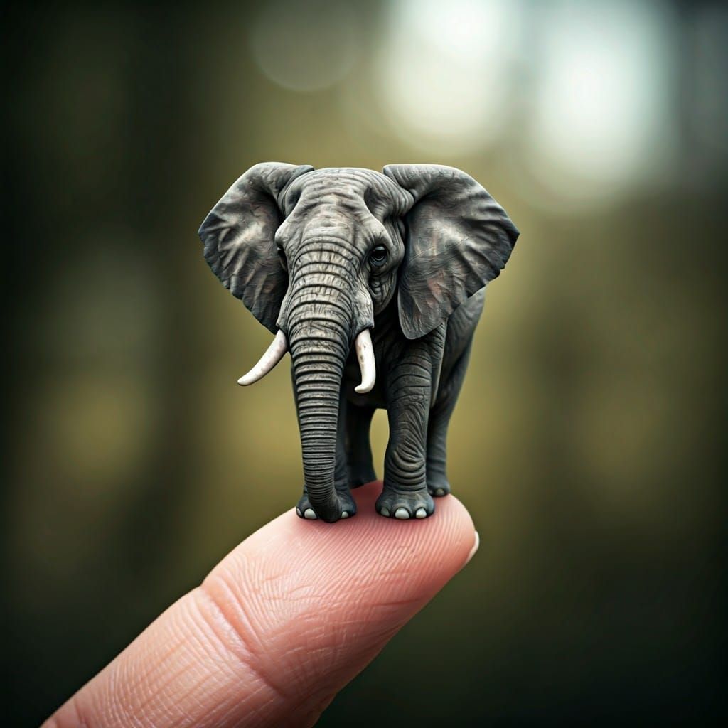 Miniature Elephant on Finger: Etching and Dreamy Surrealism