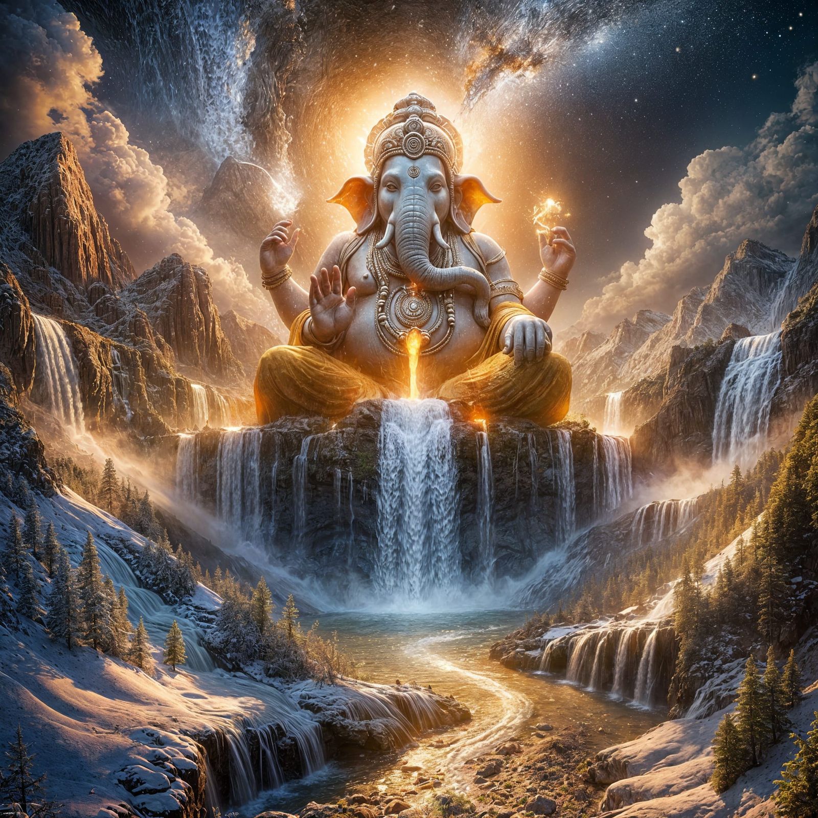 Ganesha with Interior Waterfalls in Hyperrealistic Style
