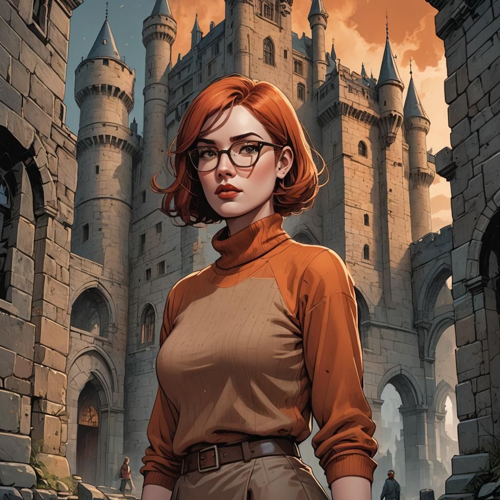 Curvy Woman Exploring Gloomy Castle in Comic Book Art