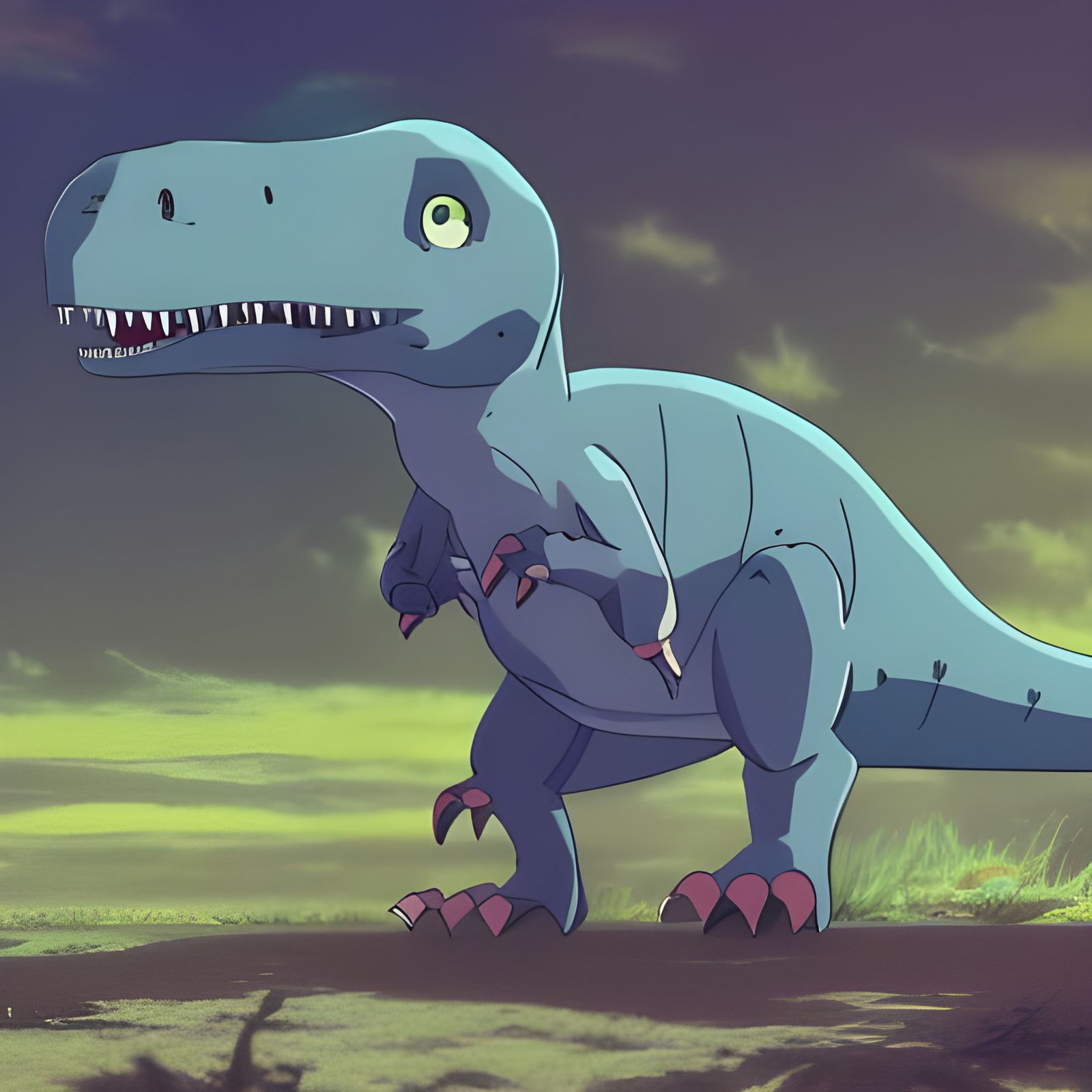 Surreal Anime-Inspired T-Rex Concept Art in Vibrant Color