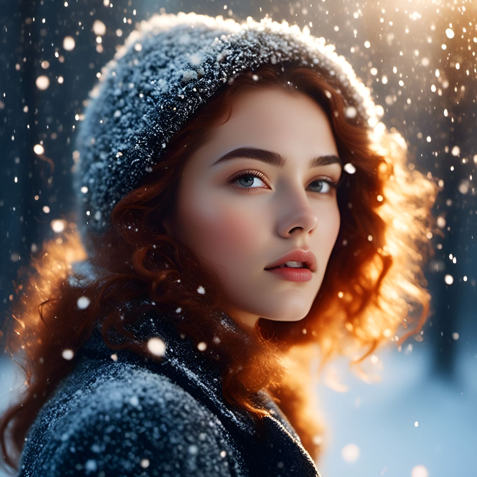 French-Albanian Student in Atmospheric Pointillist Snowscape