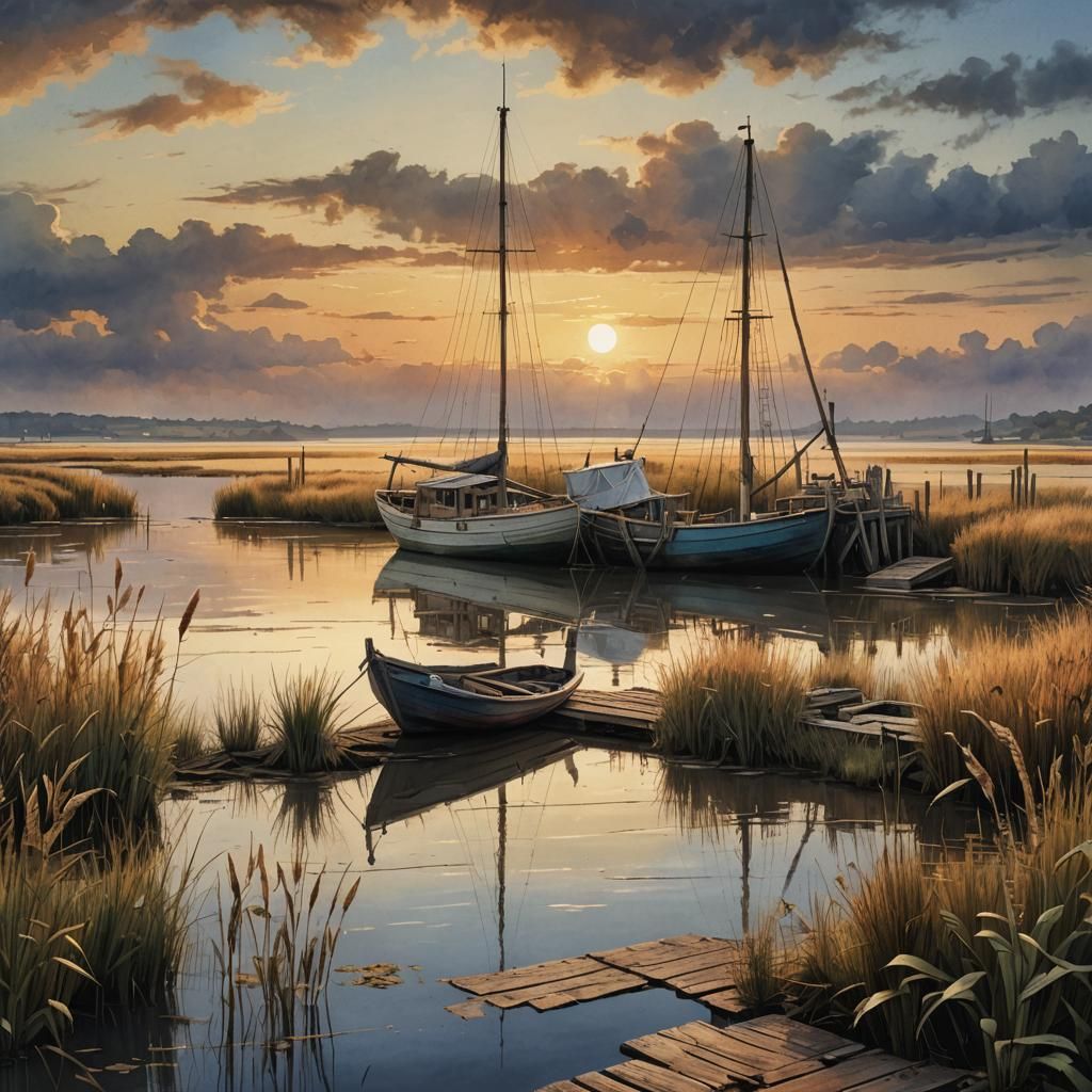Sunset Estuary: Watercolor Sailboats and Jetty