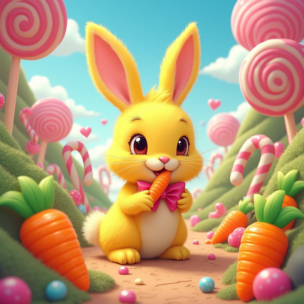 Golden Bunny in Candyland Hyperrealistic Illustration