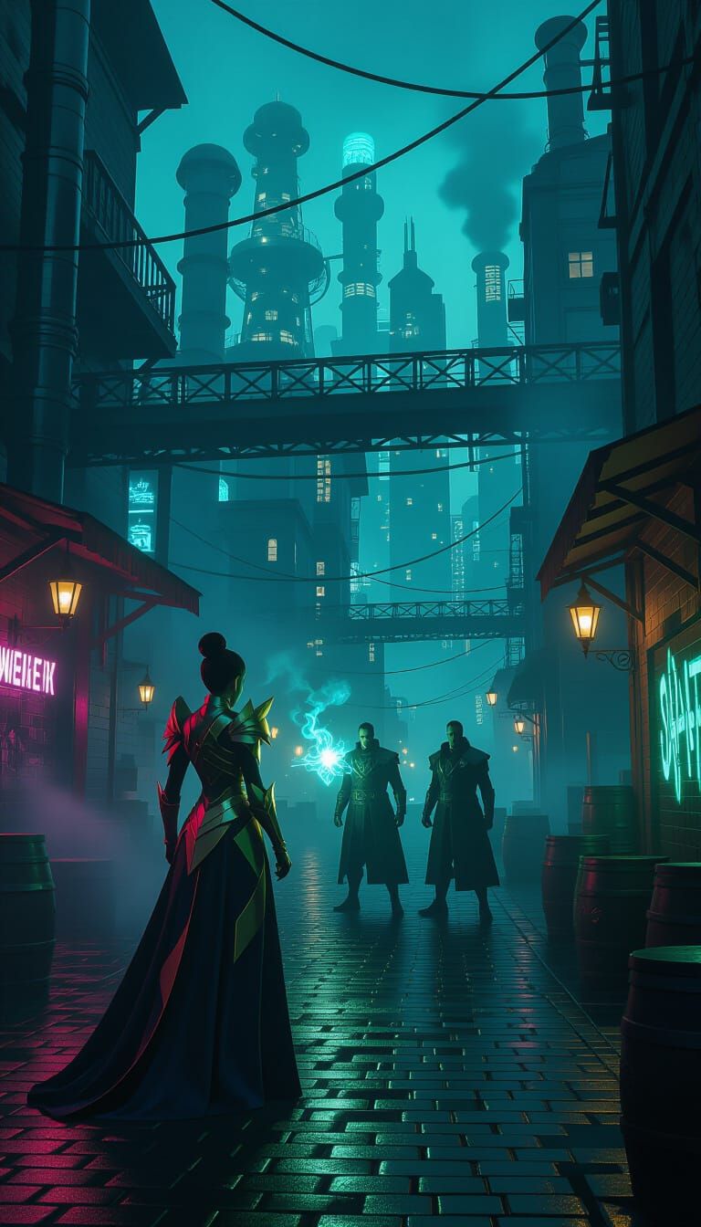 Arcane Style Scene: Hextech Battle in Zaun Undercity