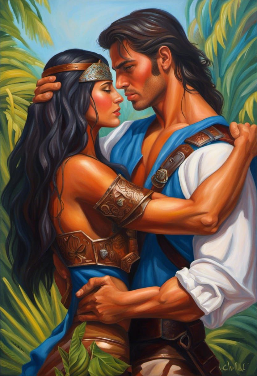 Romantic Clinch: Fabio and Aztec Princess, Oil Painting