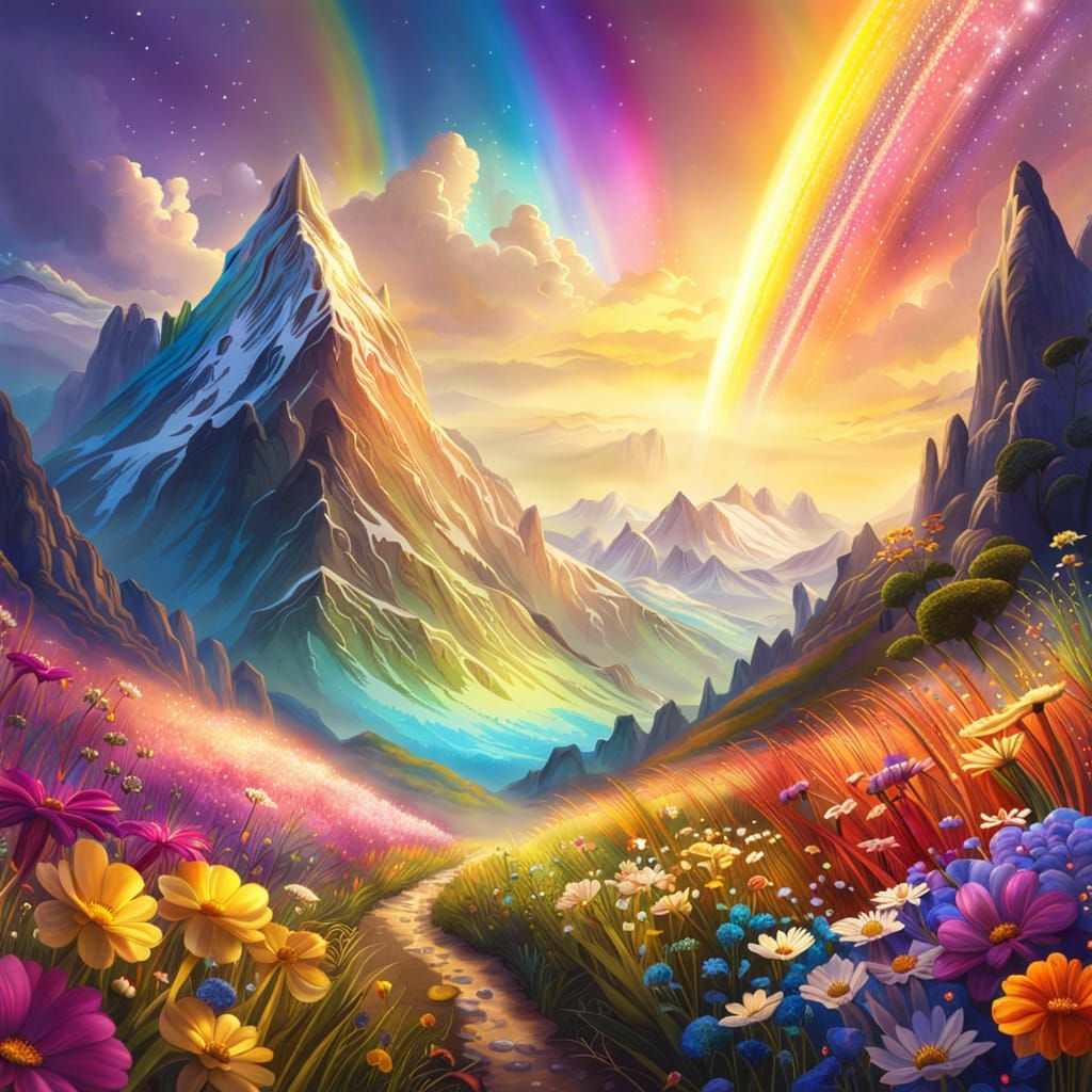 Enchanted Flower Meadow with Crystal Mountains