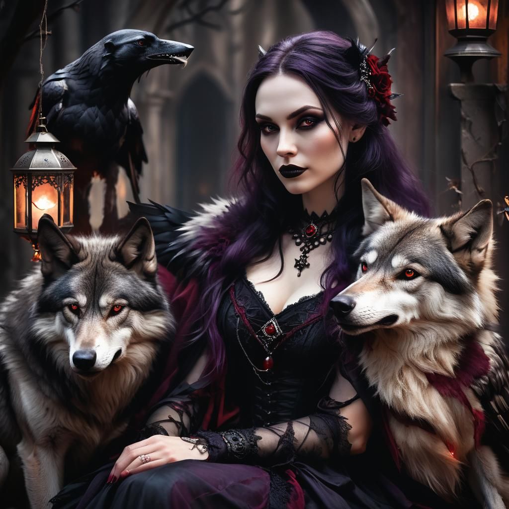 Gothic Woman with Wolf and Crow in Surrealist Style