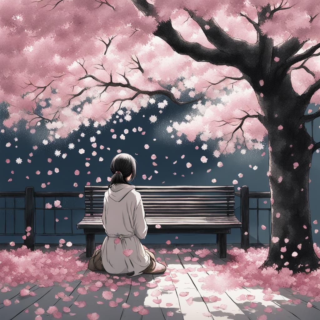 Girl Under Sakura Tree: Detailed Ink Sketch