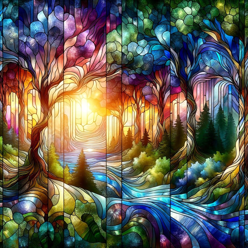Mesmerizing hues of a serene fantasy forest gracefully captured in stained glass art. Illustration of a beautiful fantas...