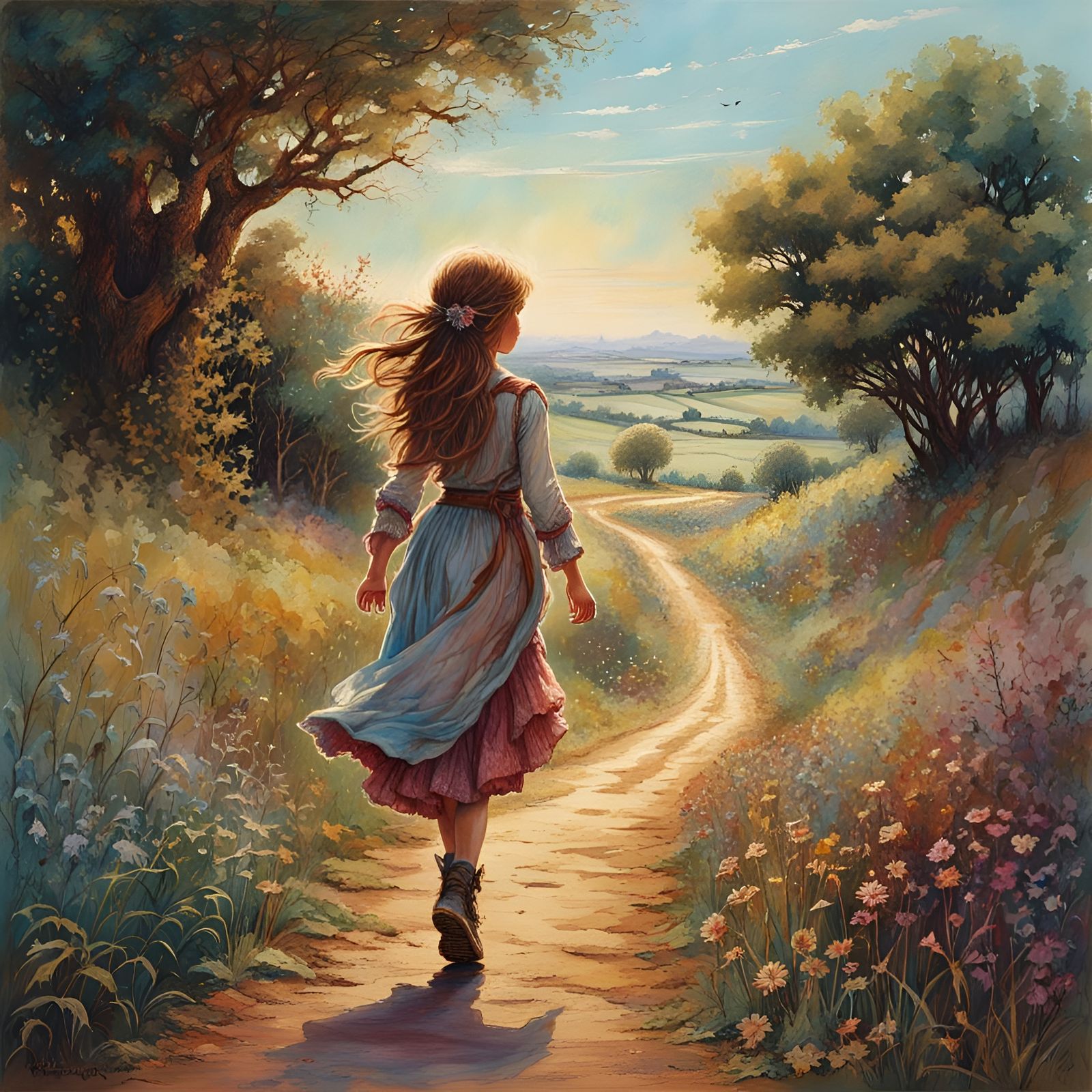 Girl on Country Road in Storybook Illustration Style