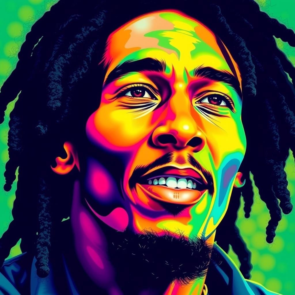 Psychedelic Portrait of Bob Marley in Vibrant Colors