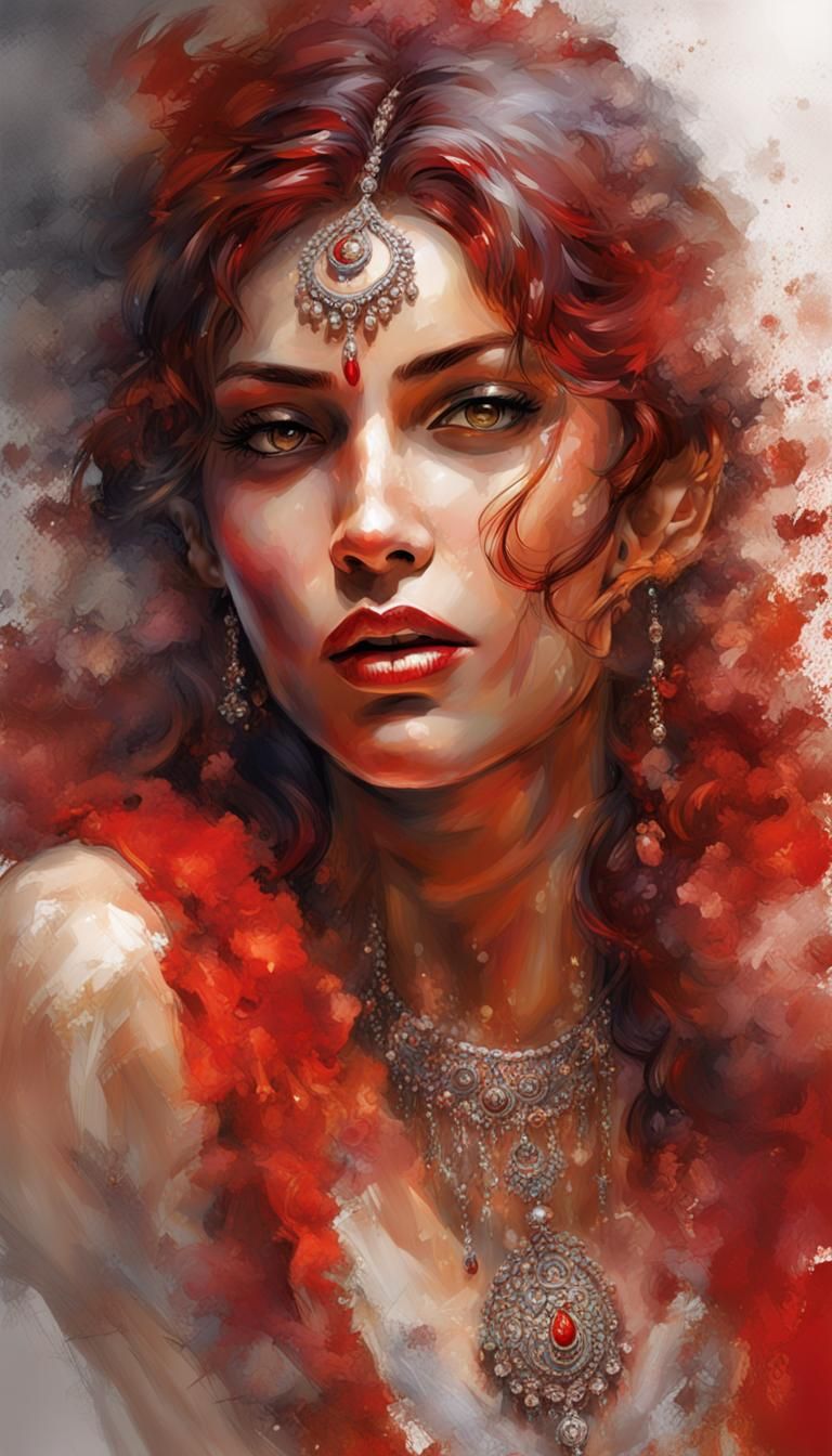 beautiful alluring (unclad:1.5) indian goddess, female, red short hair, red lips, transparent, ethereal, big boobies and...