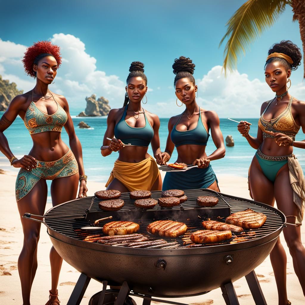 Island Paradise Beach BBQ Scene in Vibrant Fantasy Art