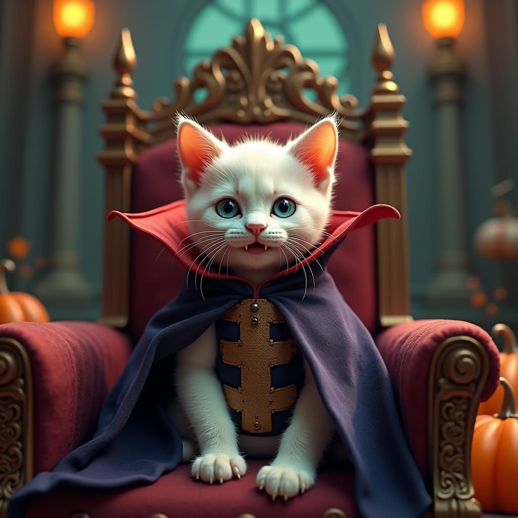 Dracula Cat on Throne: Halloween Fantasy Art