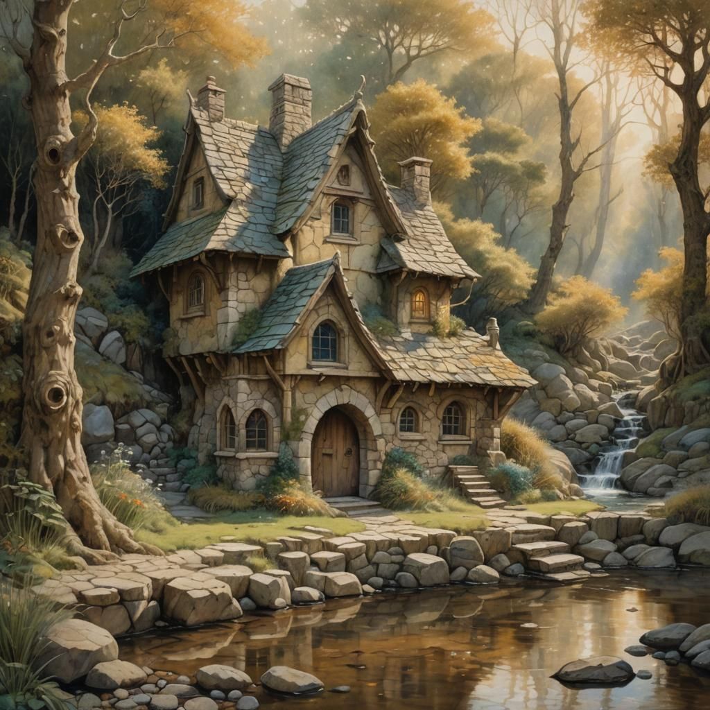 Dwarf's Stone House by Creek in Fantasy Landscape
