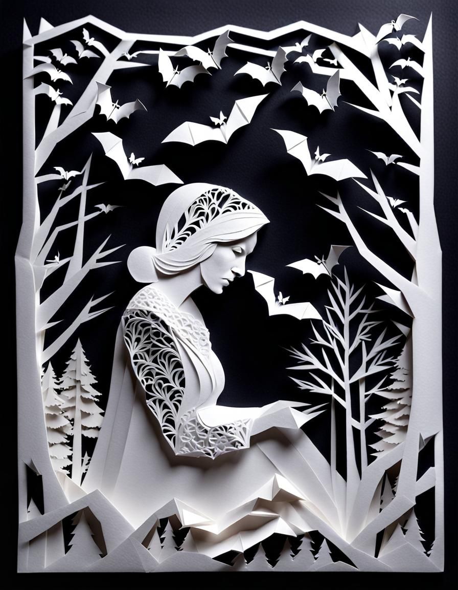 Monochrome Kirigami Portrait of Woman in Spooky Forest
