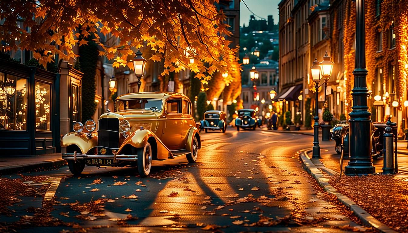 Vintage Car on Quiet Street in Golden Light