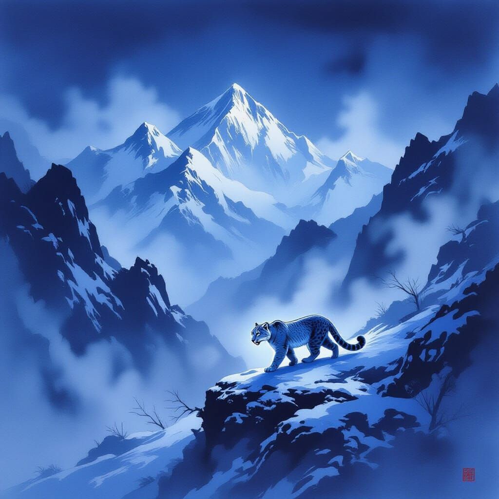 Snow Leopard in Misty Mountains at Blue Hour