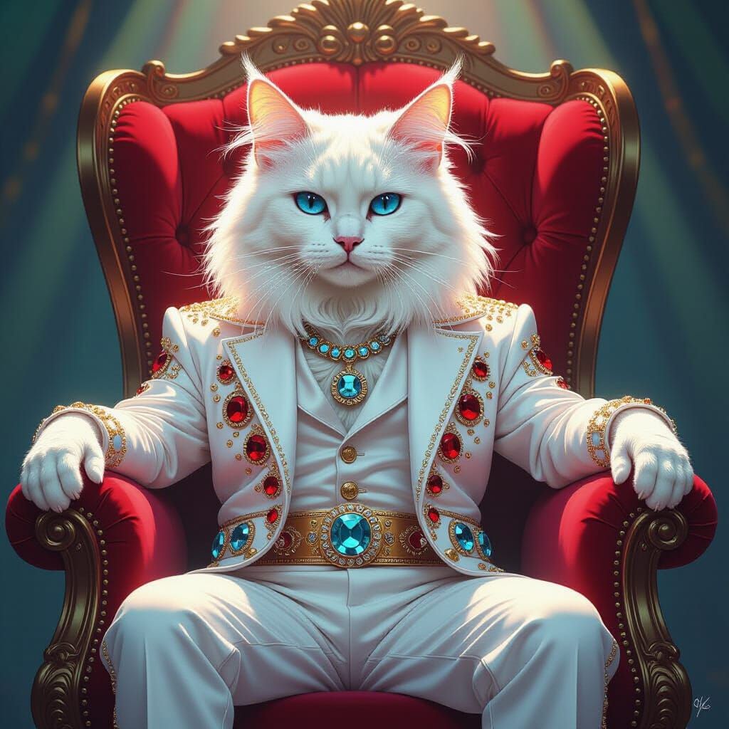 Elvis Cat on Velvet Throne in Spotlight