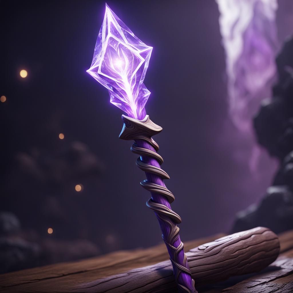 Crystalline Wooden Staff with Lightning in Detailed Matte Pa...