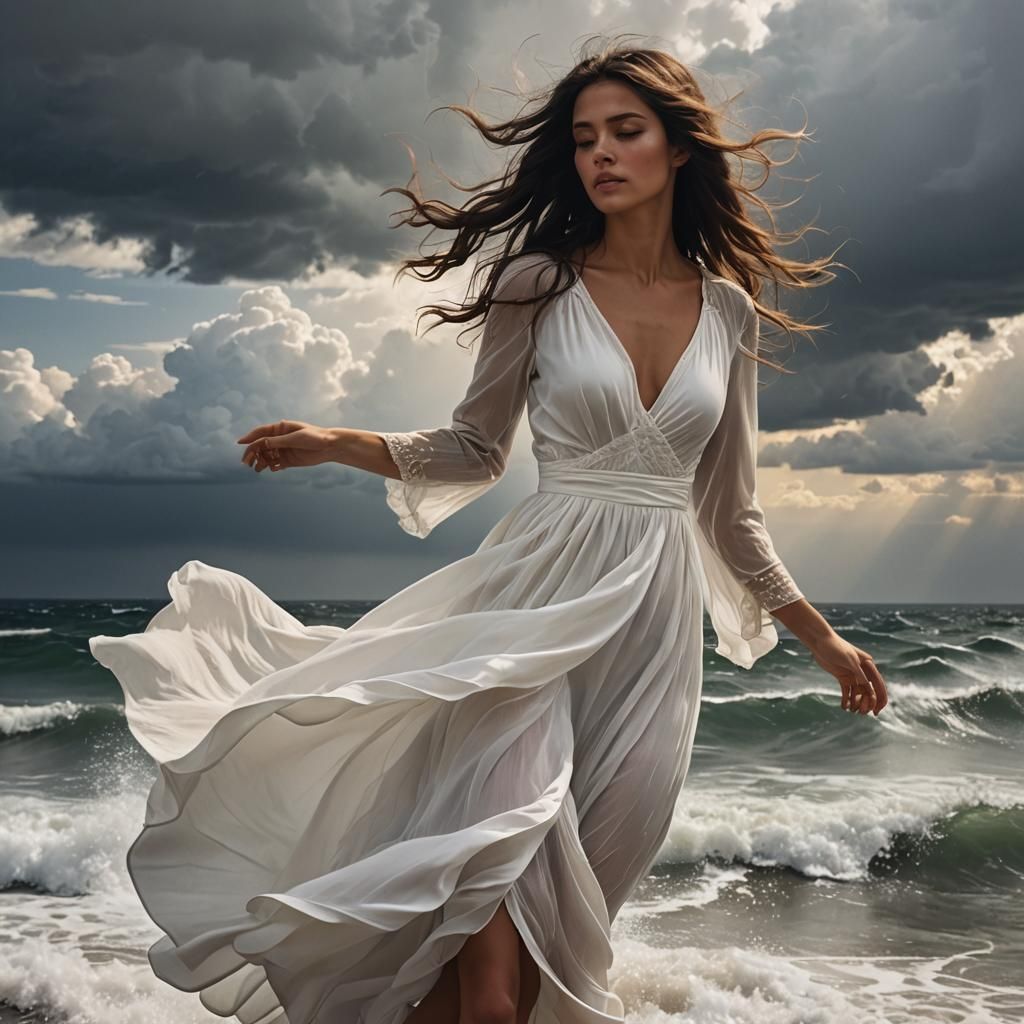 Sensual Brunette in White Dress Amidst Stormy Seas