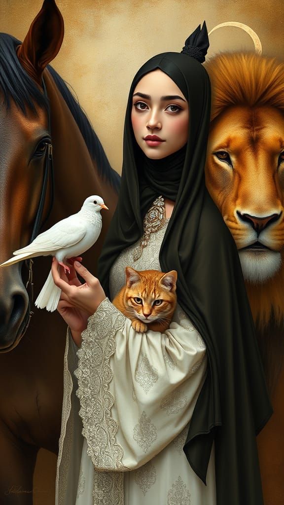 Serene Islamic Girl with Dove in Elegant Bridal Attire