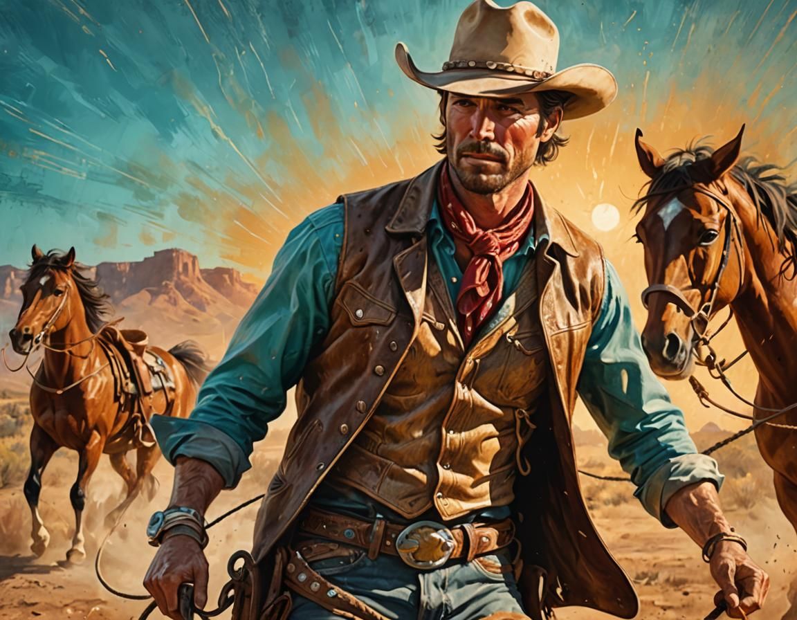 American Western Cowboy and Mustang Illustration