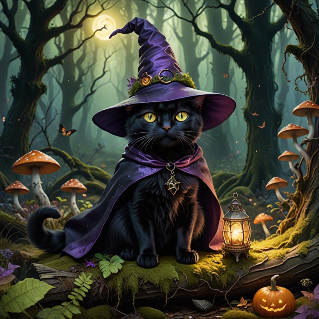 Mischievous Witch Cat in Enchanted Forest