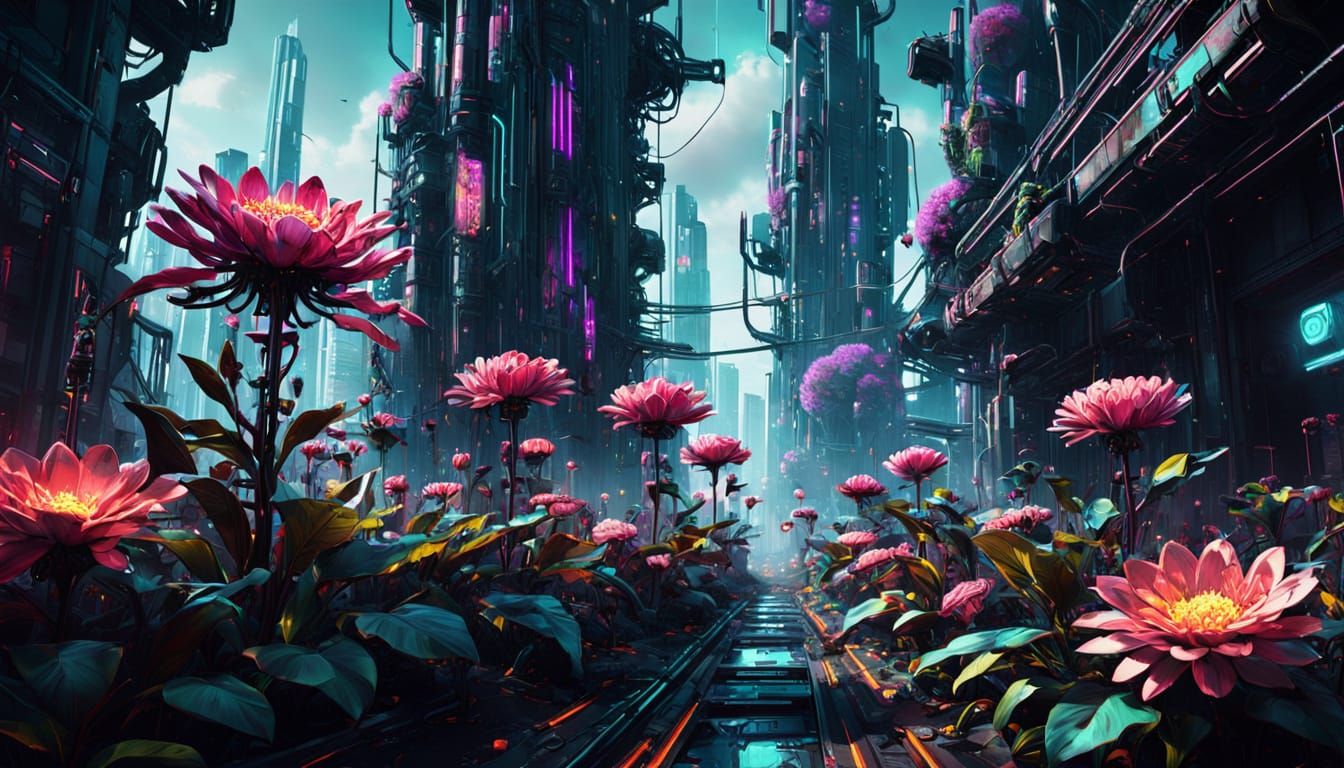 Cyberpunk Flowers Bloom in Dystopian Cityscape