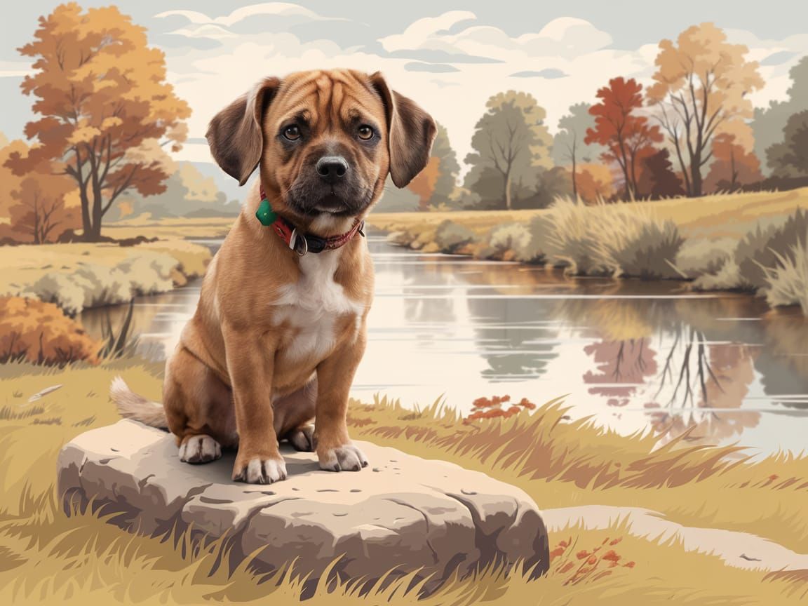 Charming Little Dog in Autumn Landscape