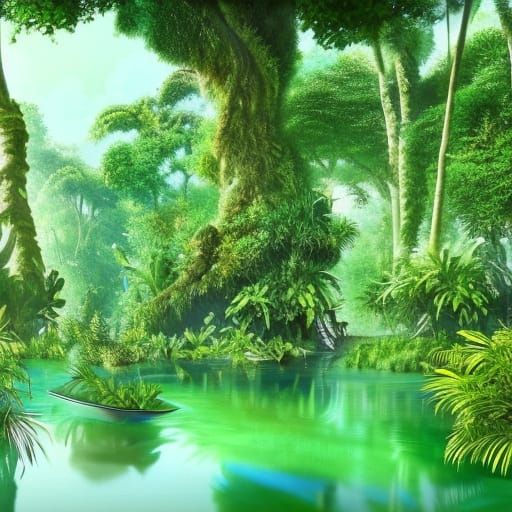 Hyperrealistic Jungle Lake in Cool Colors