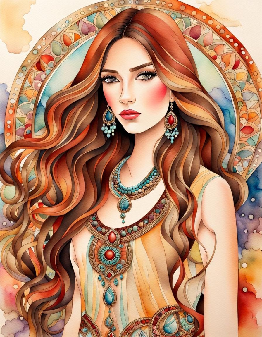 Watercolor Portrait of Woman with Red Hair