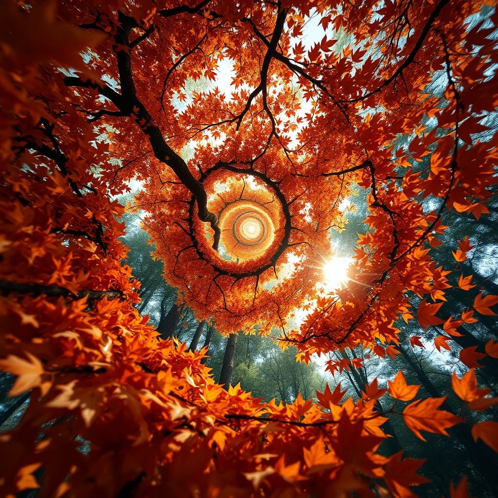 Autumn Leaves Spiral in Golden Hour Light