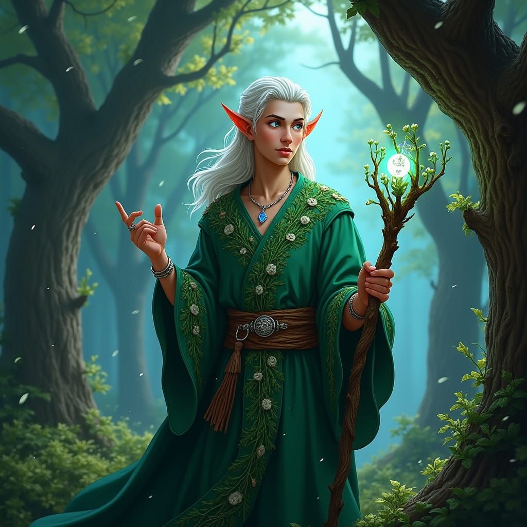 Half-Elf Nature Mage in Fantasy Forest