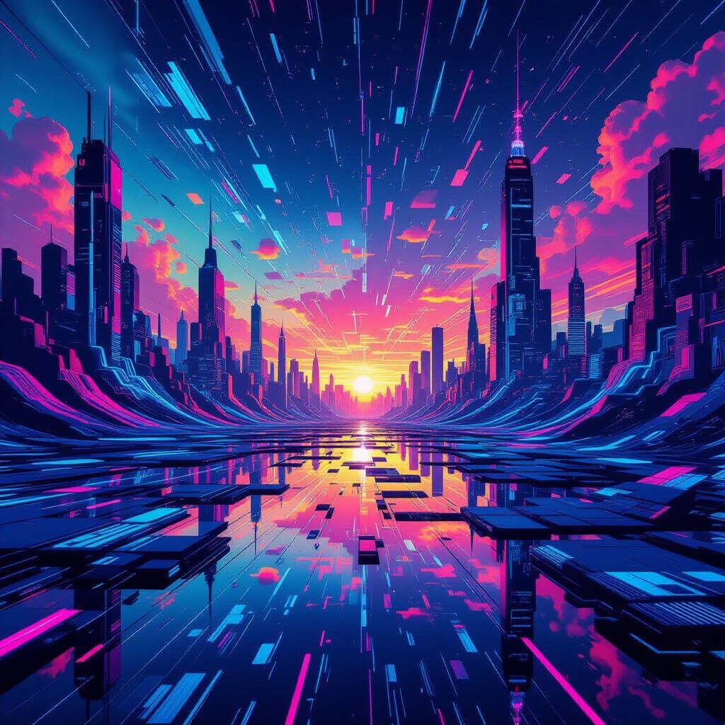 Neon Dreamscape in Glitch Art Style
