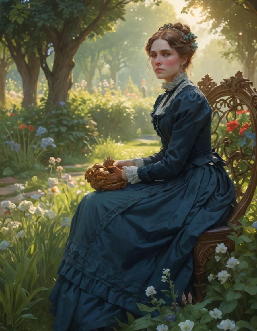 Beautiful Victorian woman sitting in a garden