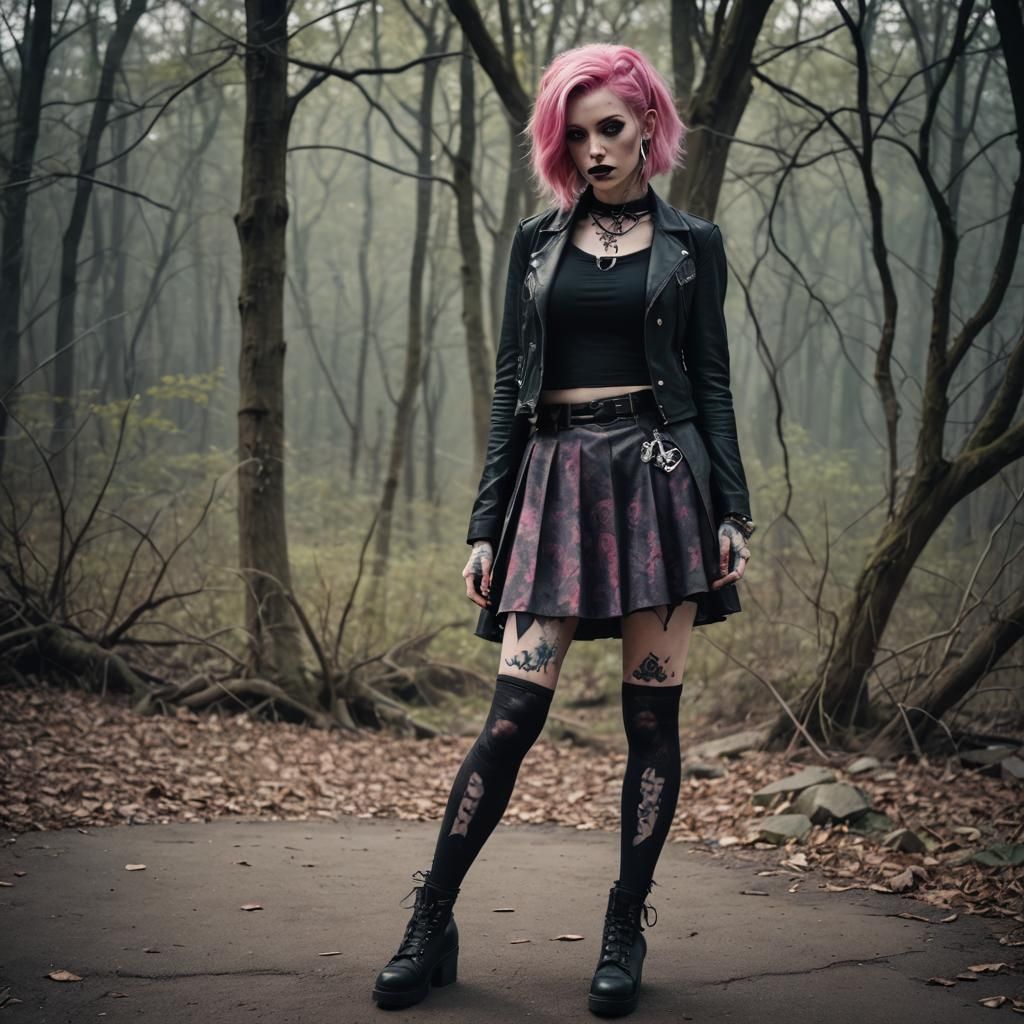 Tattooed Gothic Vampire Girl with Pink Hair