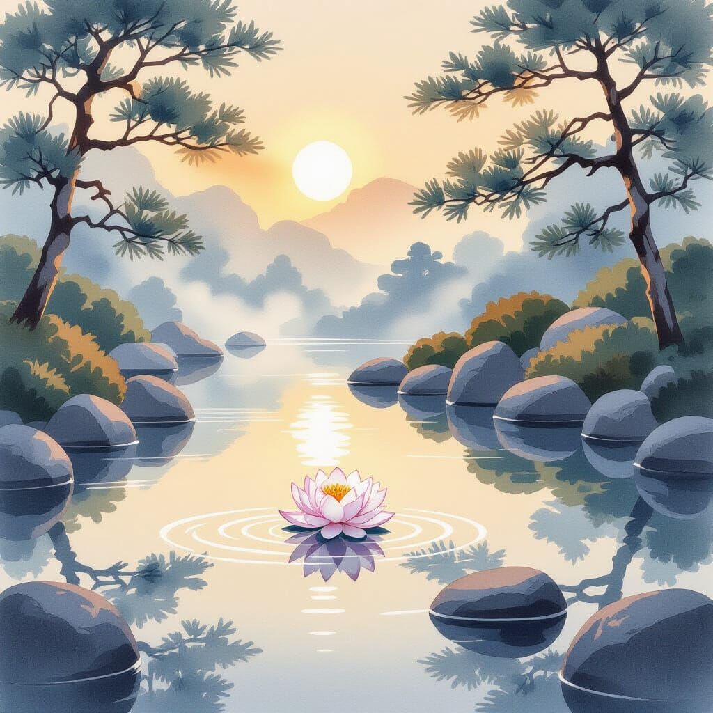 Tranquil Japanese Garden at Dawn with Lotus Flower