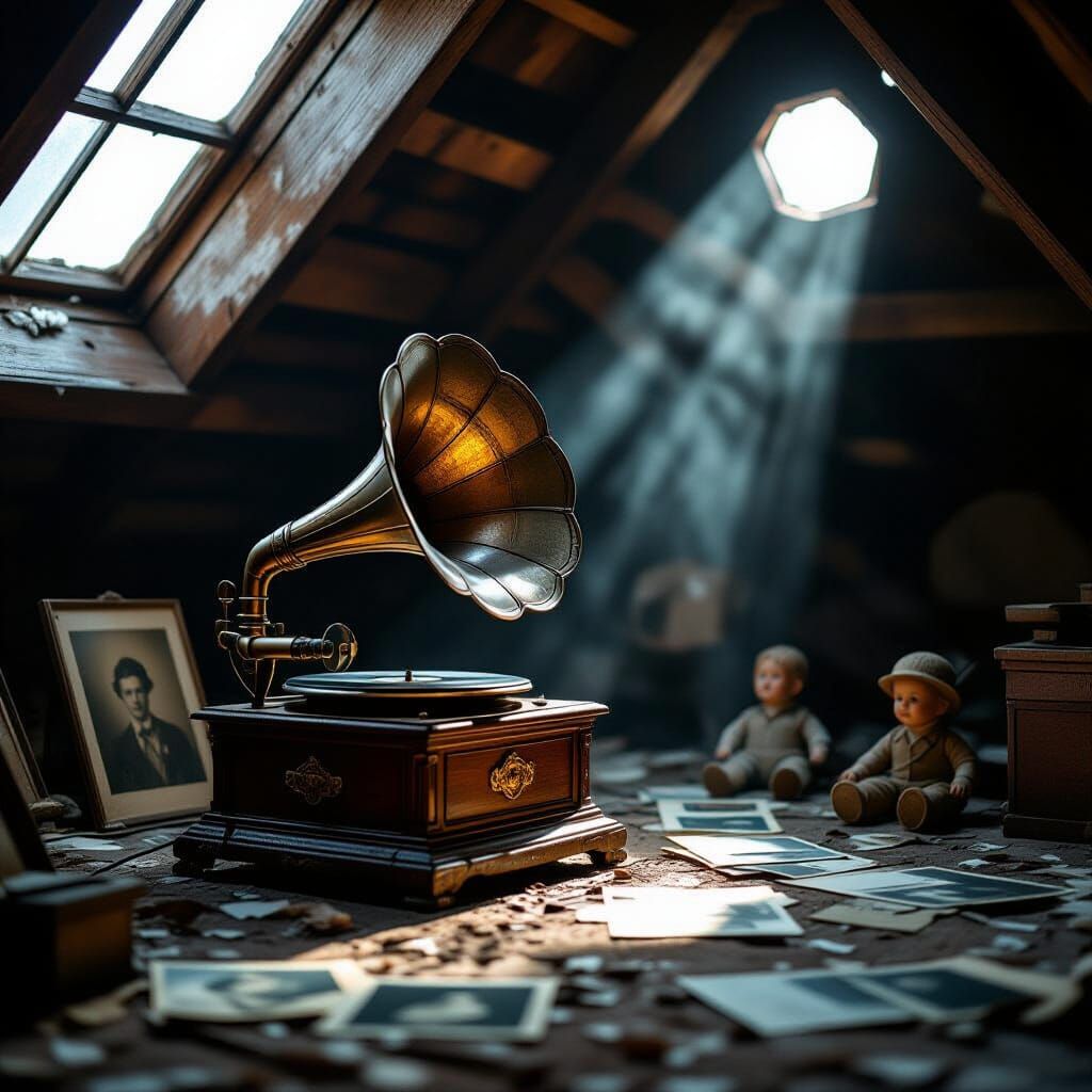 Nostalgic Gramophone in Dusty Attic by Moonlight