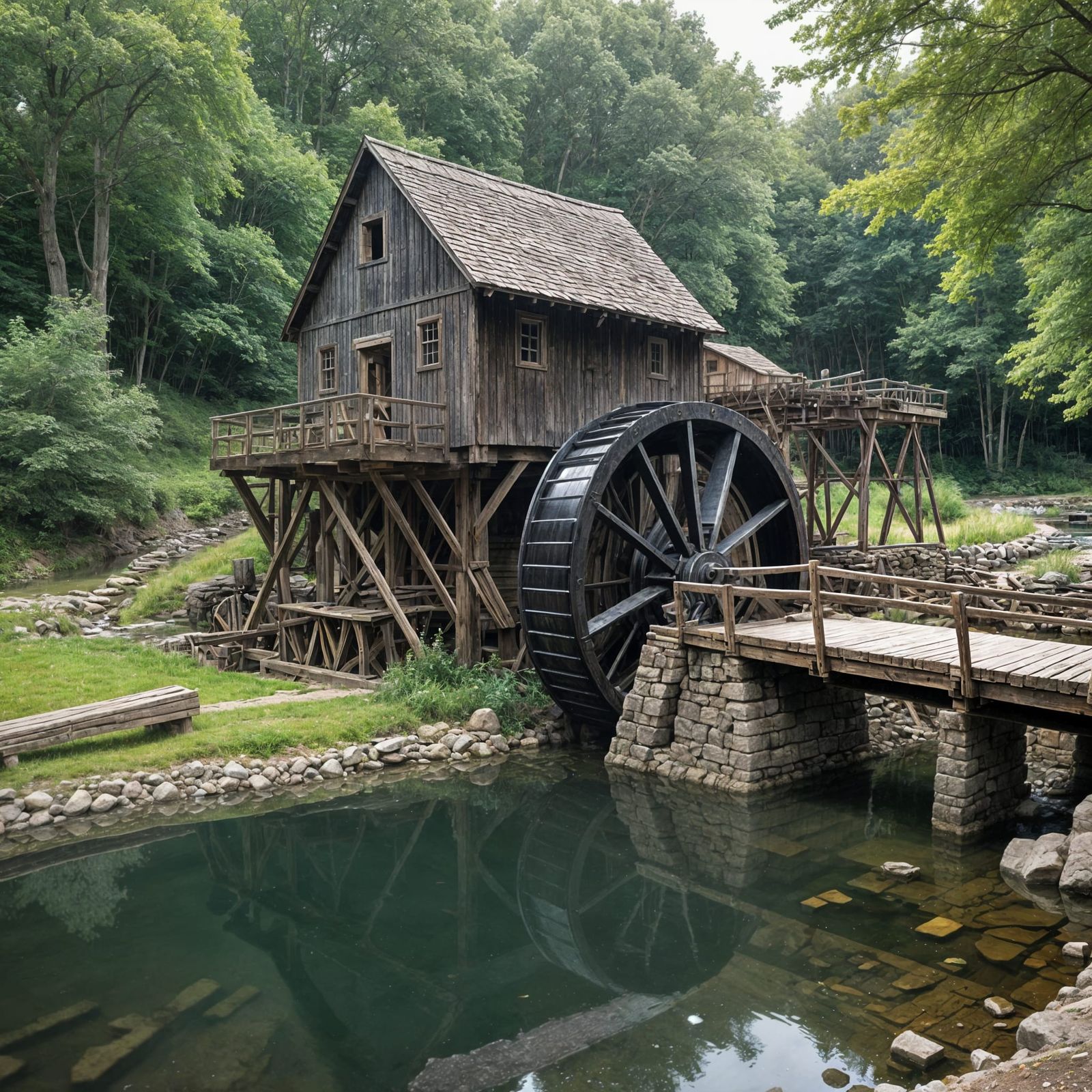 Rustic Sawmill Waterwheel Scene in a Forested Millpond