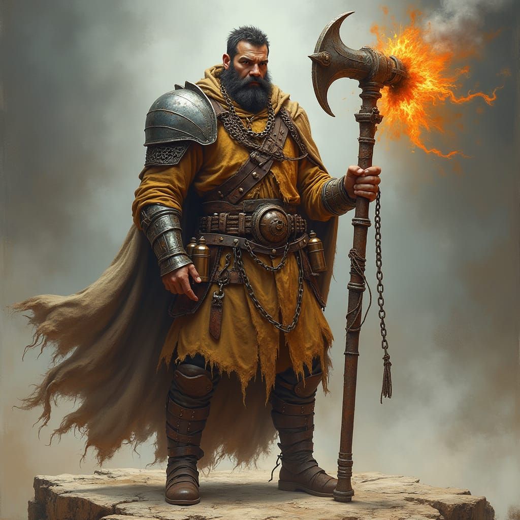 Divine Warrior in Battle-Worn Robes, Fueled by Divine Fury